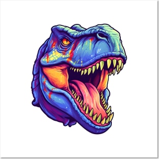 Angry colorful blue T-rex head Posters and Art